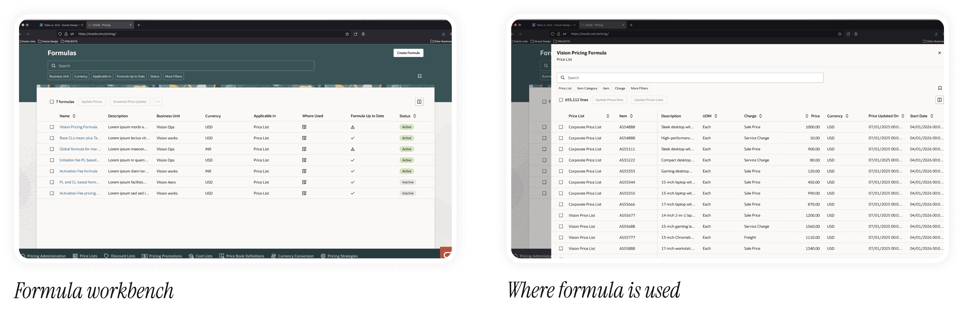 UI: Formula Management main list with usage counts, Where Used drawer expanded