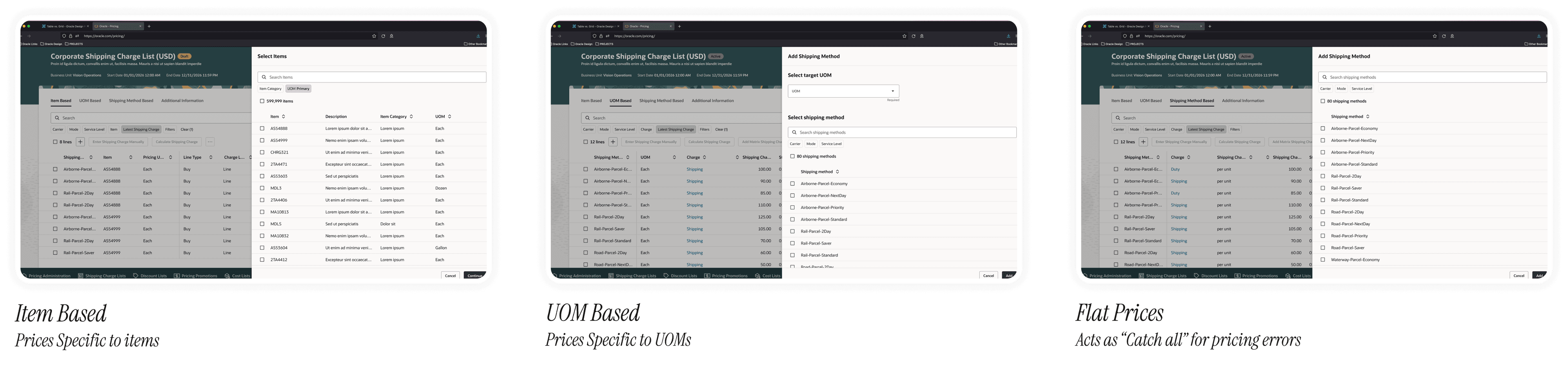 UI: three tabs side by side, each showing its tuned add flow