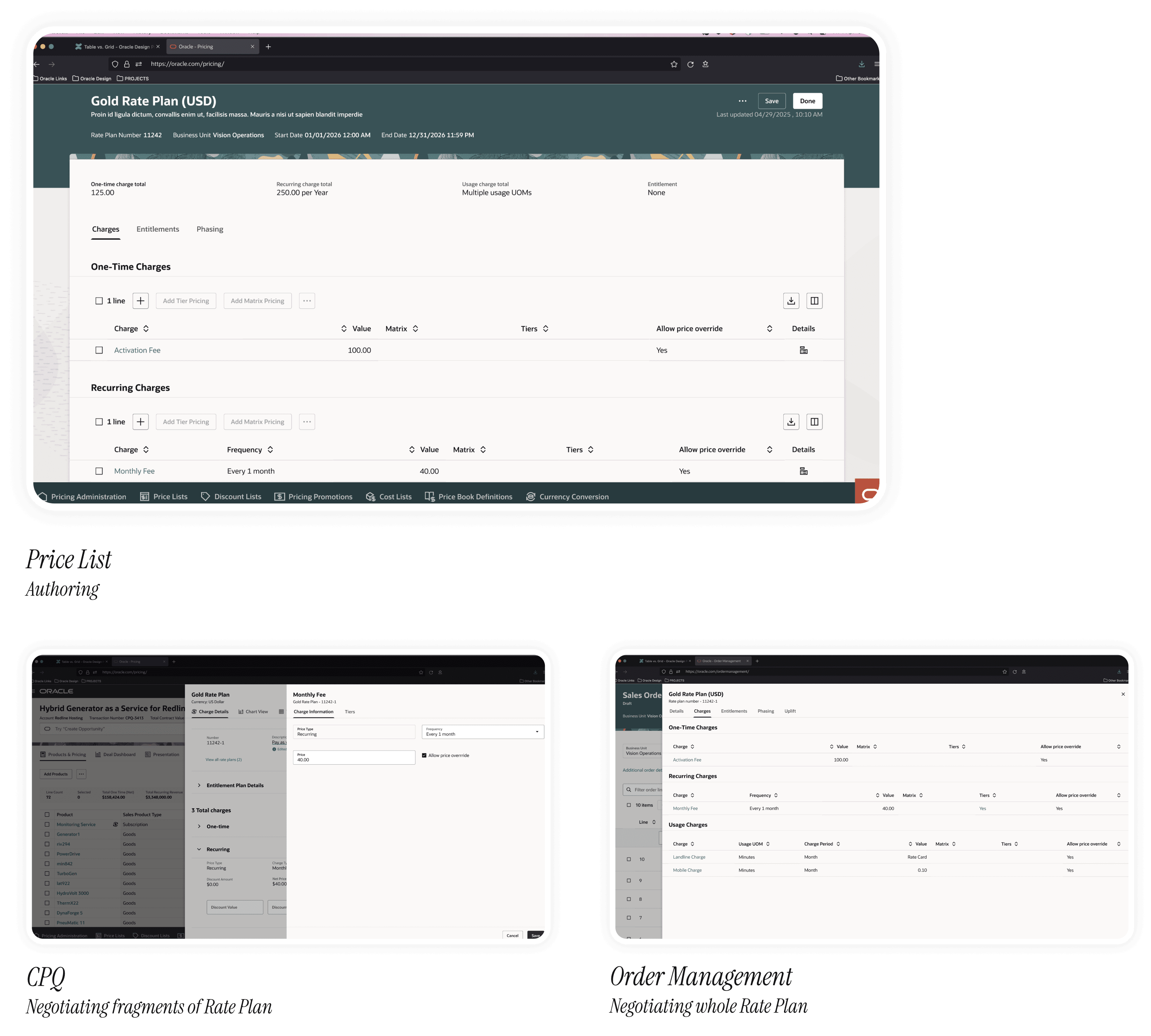 Shipped UI: three surfaces side by side, labeled with their host product and primary user mode